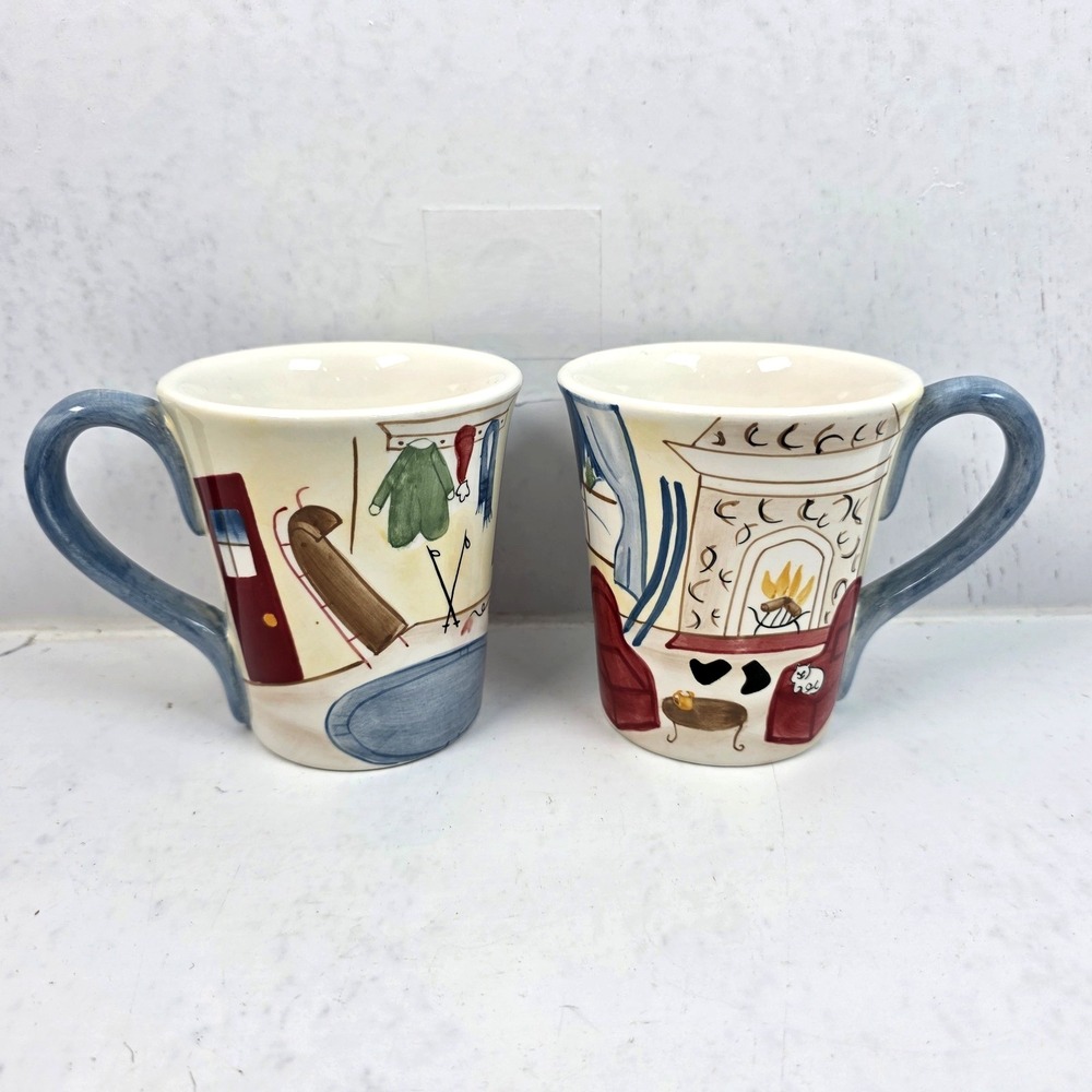 Vtg Eddie Bauer Home Large Coffee Mugs Set of 2 Painted Winter Cozy Cabin Lodge